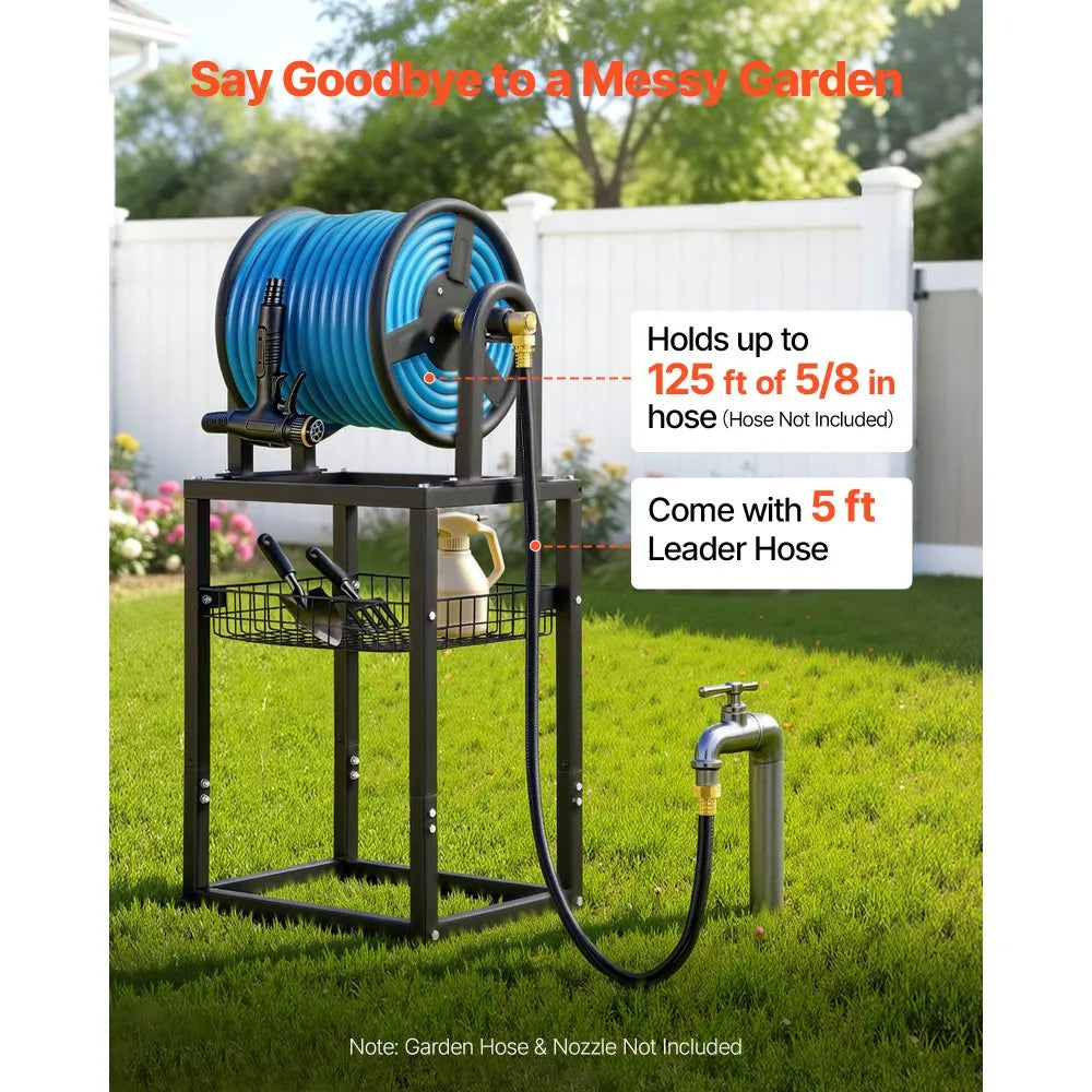 VEVOR Freestanding Garden Hose Reel, Holds 125 Feet of 5/8-inch Hose, Wall Mount or Ground Mount, Detachable Holder Stand with Storage Rack, 5 ft Leader Hose, Brass Fitting, 4 Spikes, for Backyards