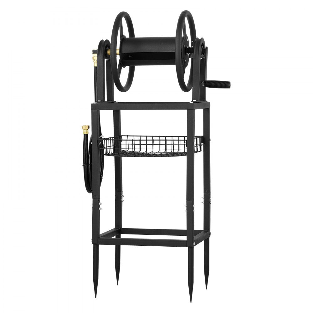 VEVOR Freestanding Garden Hose Reel, Holds 125 Feet of 5/8-inch Hose, Wall Mount or Ground Mount, Detachable Holder Stand with Storage Rack, 5 ft Leader Hose, Brass Fitting, 4 Spikes, for Backyards