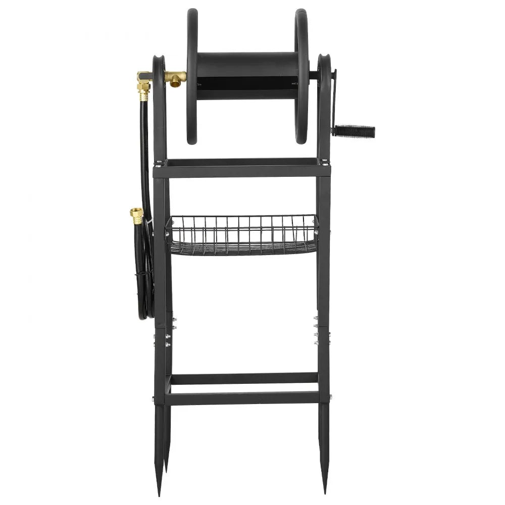 VEVOR Freestanding Garden Hose Reel, Holds 125 Feet of 5/8-inch Hose, Wall Mount or Ground Mount, Detachable Holder Stand with Storage Rack, 5 ft Leader Hose, Brass Fitting, 4 Spikes, for Backyards