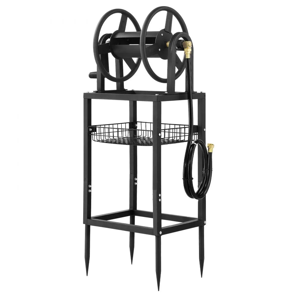 VEVOR Freestanding Garden Hose Reel, Holds 125 Feet of 5/8-inch Hose, Wall Mount or Ground Mount, Detachable Holder Stand with Storage Rack, 5 ft Leader Hose, Brass Fitting, 4 Spikes, for Backyards