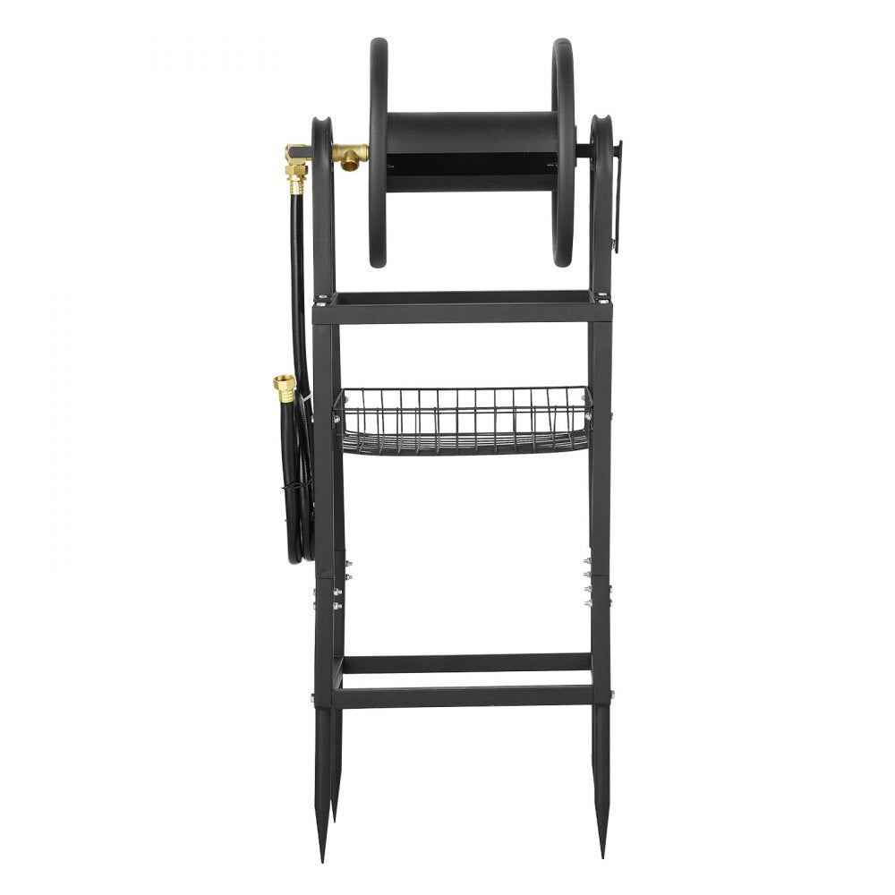 VEVOR Freestanding Garden Hose Reel, Holds 200 Feet of 5/8-inch Hose, Wall Mount or Ground Mount, Detachable Holder Stand with Storage Rack, 5 ft Leader Hose, Brass Fitting, 4 Spikes, for Backyards