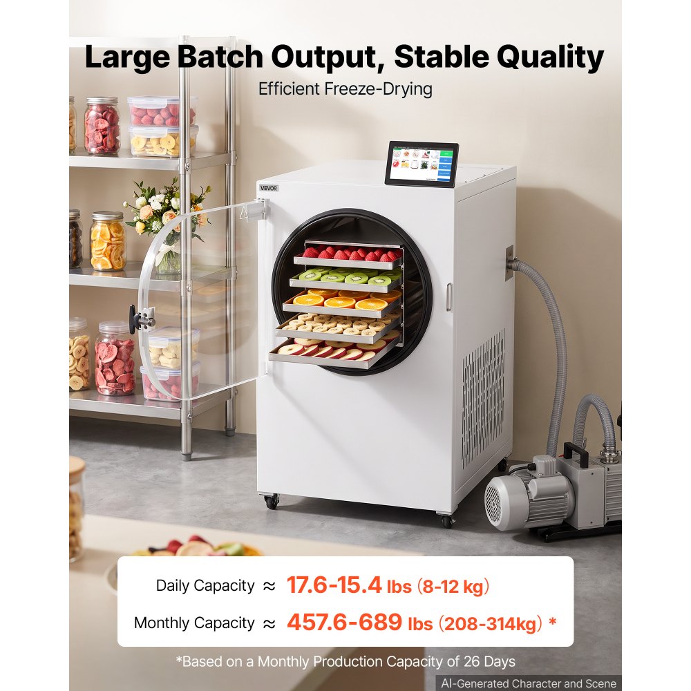 VEVOR Vacuum Freeze Dryer Machine, 17.6-26.5 lbs/Batch, 5 Tray, 10 Presets for Fruit Vegetable Meat, Durable Freestanding Freeze Drying Equipment with Wheel, App Control, LCD Touchscreen, Auto Defrost
