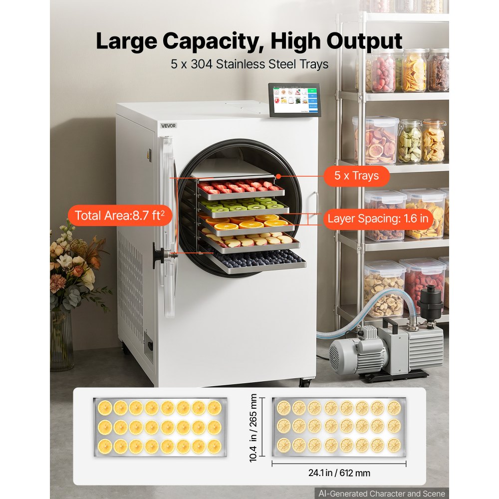 VEVOR Vacuum Freeze Dryer Machine, 17.6-26.5 lbs/Batch, 5 Tray, 10 Presets for Fruit Vegetable Meat, Durable Freestanding Freeze Drying Equipment with Wheel, App Control, LCD Touchscreen, Auto Defrost