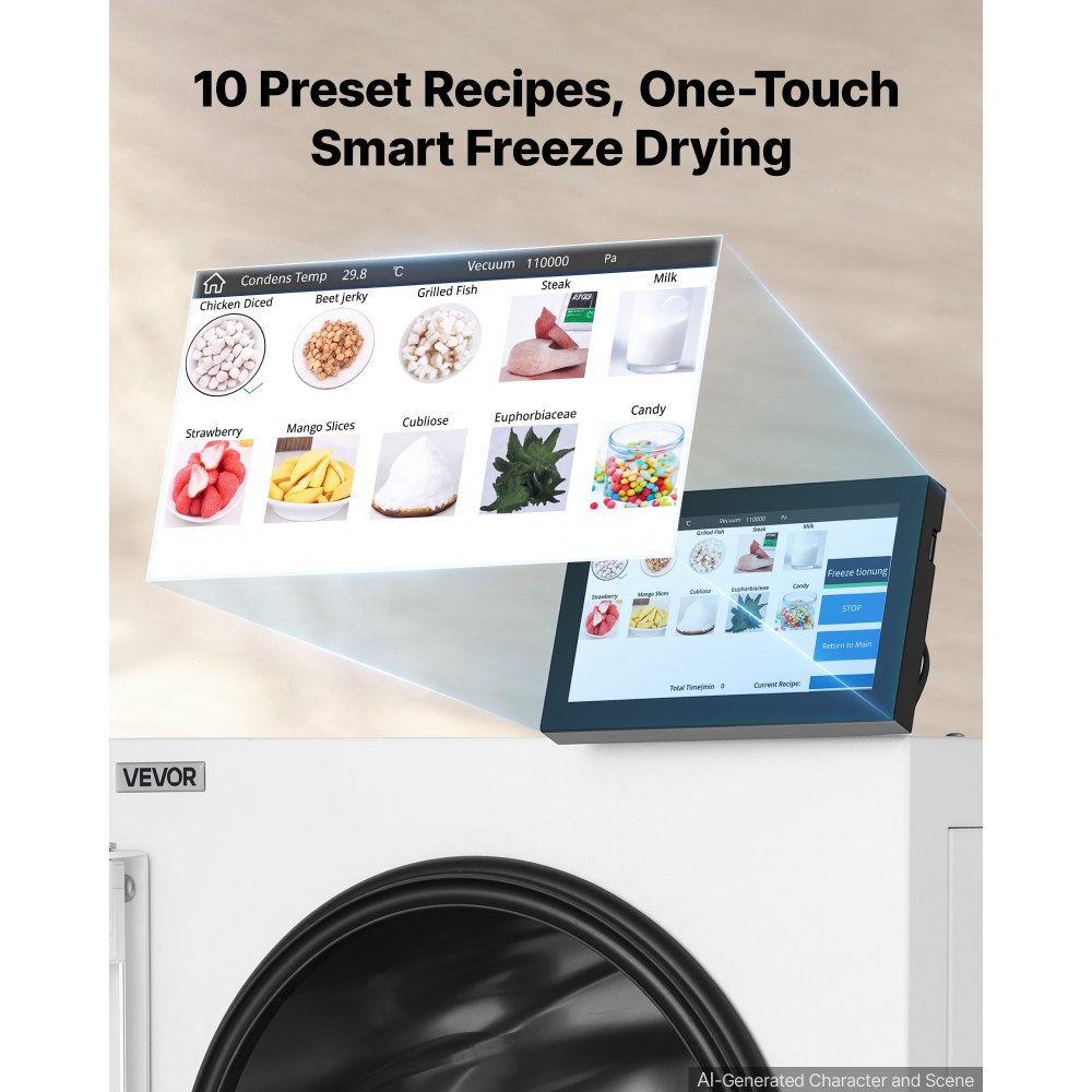 VEVOR Vacuum Freeze Dryer Machine, 17.6-26.5 lbs/Batch, 5 Tray, 10 Presets for Fruit Vegetable Meat, Durable Freestanding Freeze Drying Equipment with Wheel, App Control, LCD Touchscreen, Auto Defrost