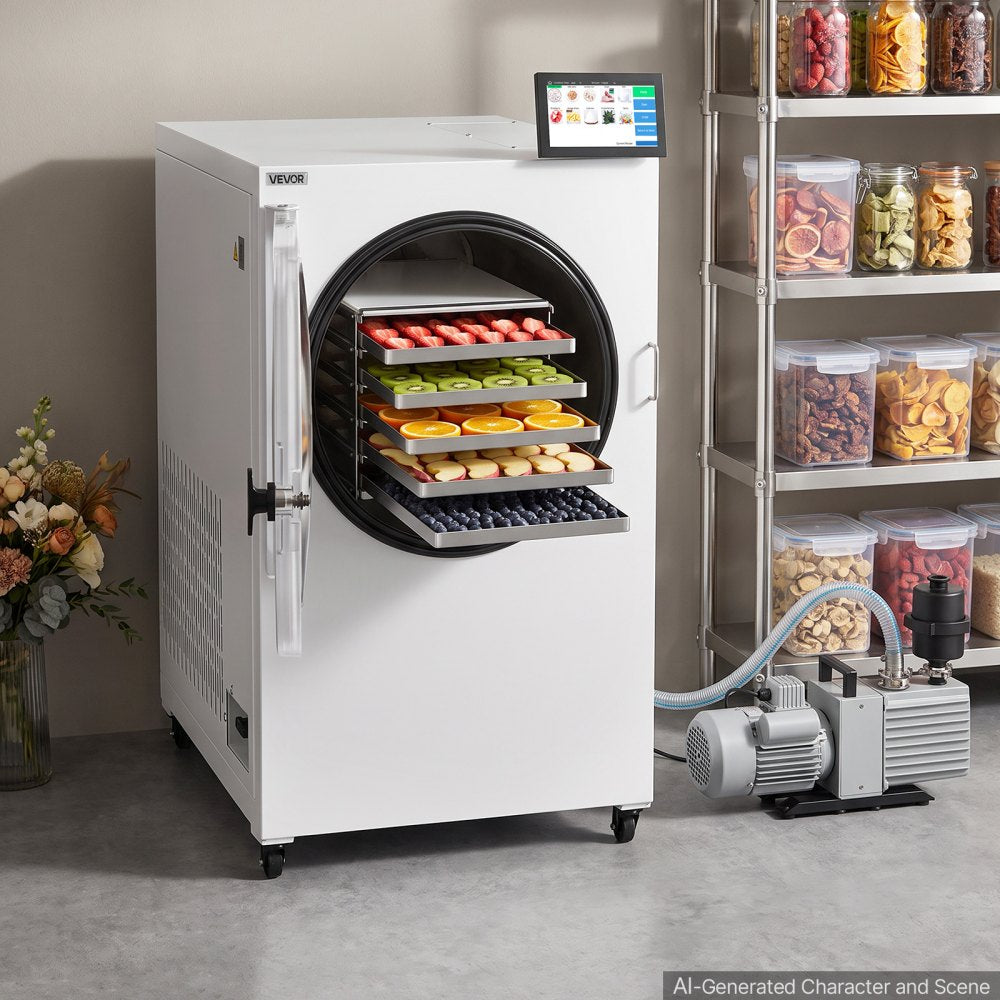 VEVOR Vacuum Freeze Dryer Machine, 17.6-26.5 lbs/Batch, 5 Tray, 10 Presets for Fruit Vegetable Meat, Durable Freestanding Freeze Drying Equipment with Wheel, App Control, LCD Touchscreen, Auto Defrost