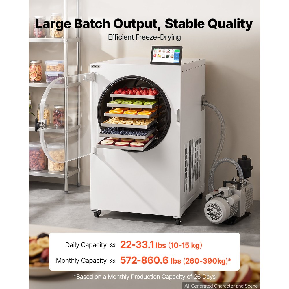 VEVOR Vacuum Freeze Dryer Machine, 22-33.1 lbs/Batch, 6 Trays, 10 Presets for Fruit Vegetable Meat, Durable Freestanding Freeze Drying Equipment with Wheel, App Control, LCD Touchscreen, Auto Defrost