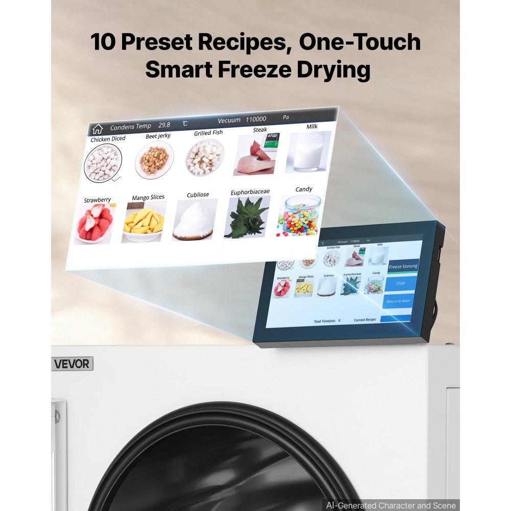 VEVOR Vacuum Freeze Dryer Machine, 22-33.1 lbs/Batch, 6 Trays, 10 Presets for Fruit Vegetable Meat, Durable Freestanding Freeze Drying Equipment with Wheel, App Control, LCD Touchscreen, Auto Defrost