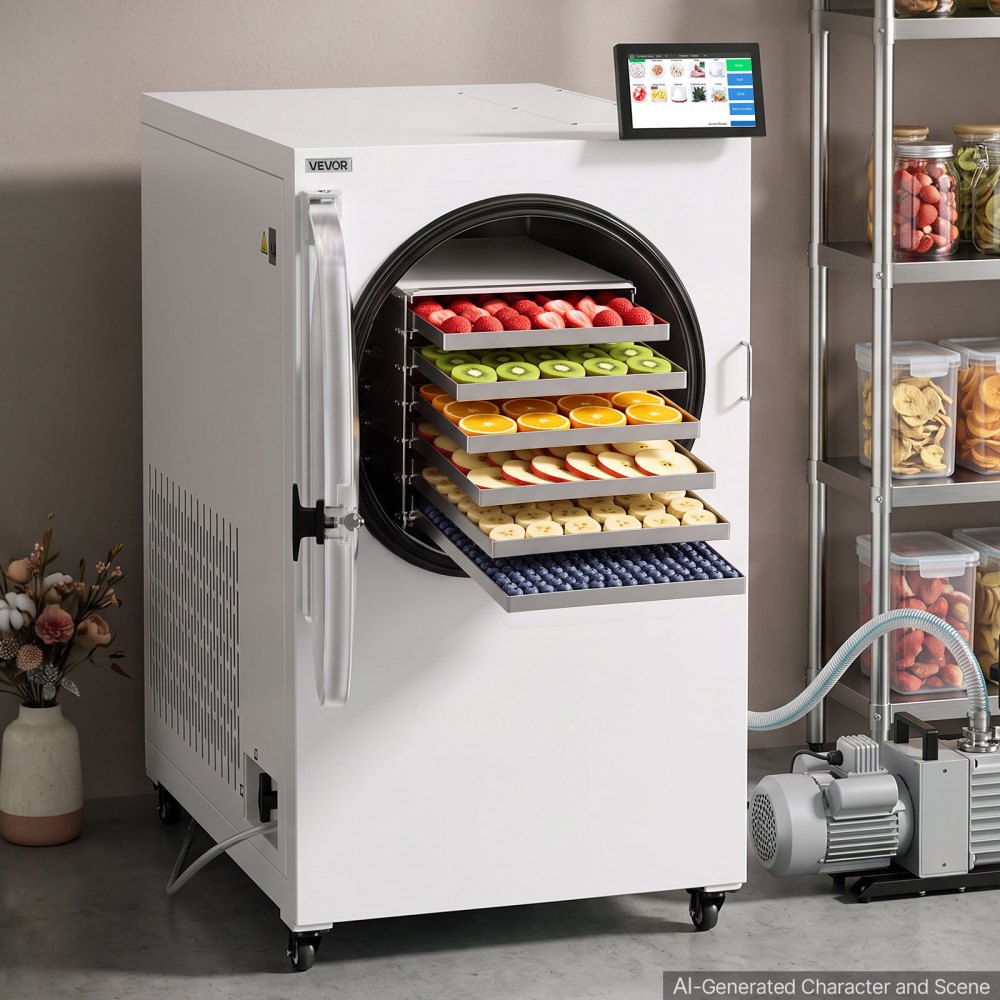 VEVOR Vacuum Freeze Dryer Machine, 22-33.1 lbs/Batch, 6 Trays, 10 Presets for Fruit Vegetable Meat, Durable Freestanding Freeze Drying Equipment with Wheel, App Control, LCD Touchscreen, Auto Defrost