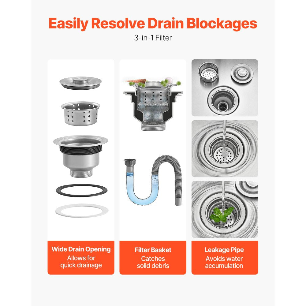 VEVOR Stainless Steel Floor Mop Sink, 22 x 19 x 12 in, 304 Stainless Steel, with 3-in-1 Filter and Wall-Mounted Bracket, X-Shaped Groove for Quick and Smooth Drainage, for Balcony and Bathroom