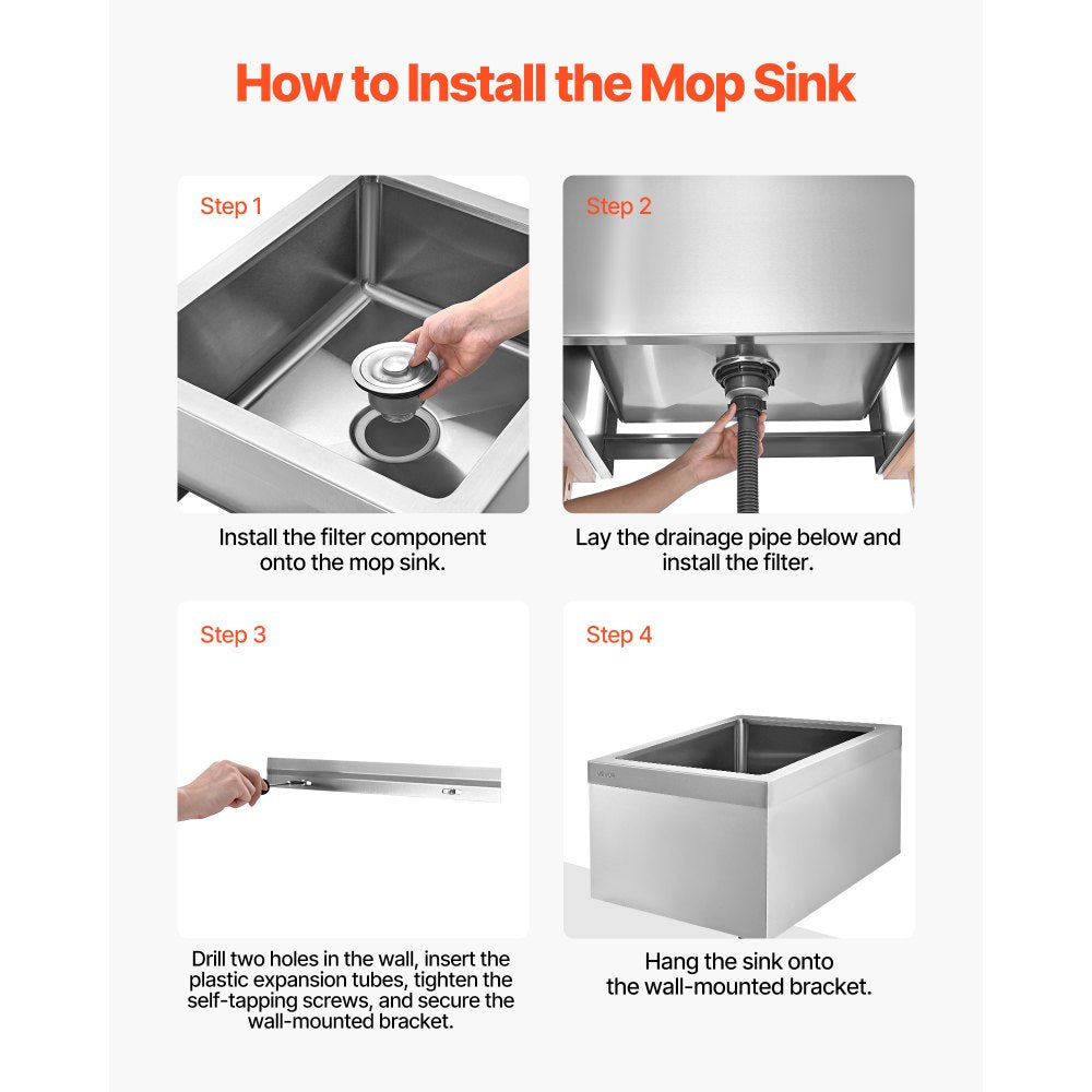 VEVOR Stainless Steel Floor Mop Sink, 22 x 19 x 12 in, 304 Stainless Steel, with 3-in-1 Filter and Wall-Mounted Bracket, X-Shaped Groove for Quick and Smooth Drainage, for Balcony and Bathroom