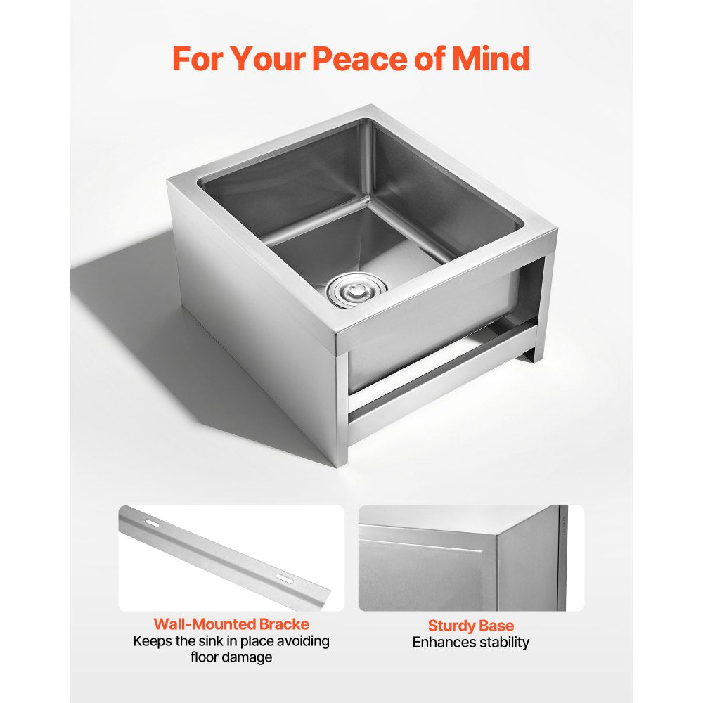 VEVOR Stainless Steel Floor Mop Sink, 22 x 19 x 12 in, 304 Stainless Steel, with 3-in-1 Filter and Wall-Mounted Bracket, X-Shaped Groove for Quick and Smooth Drainage, for Balcony and Bathroom