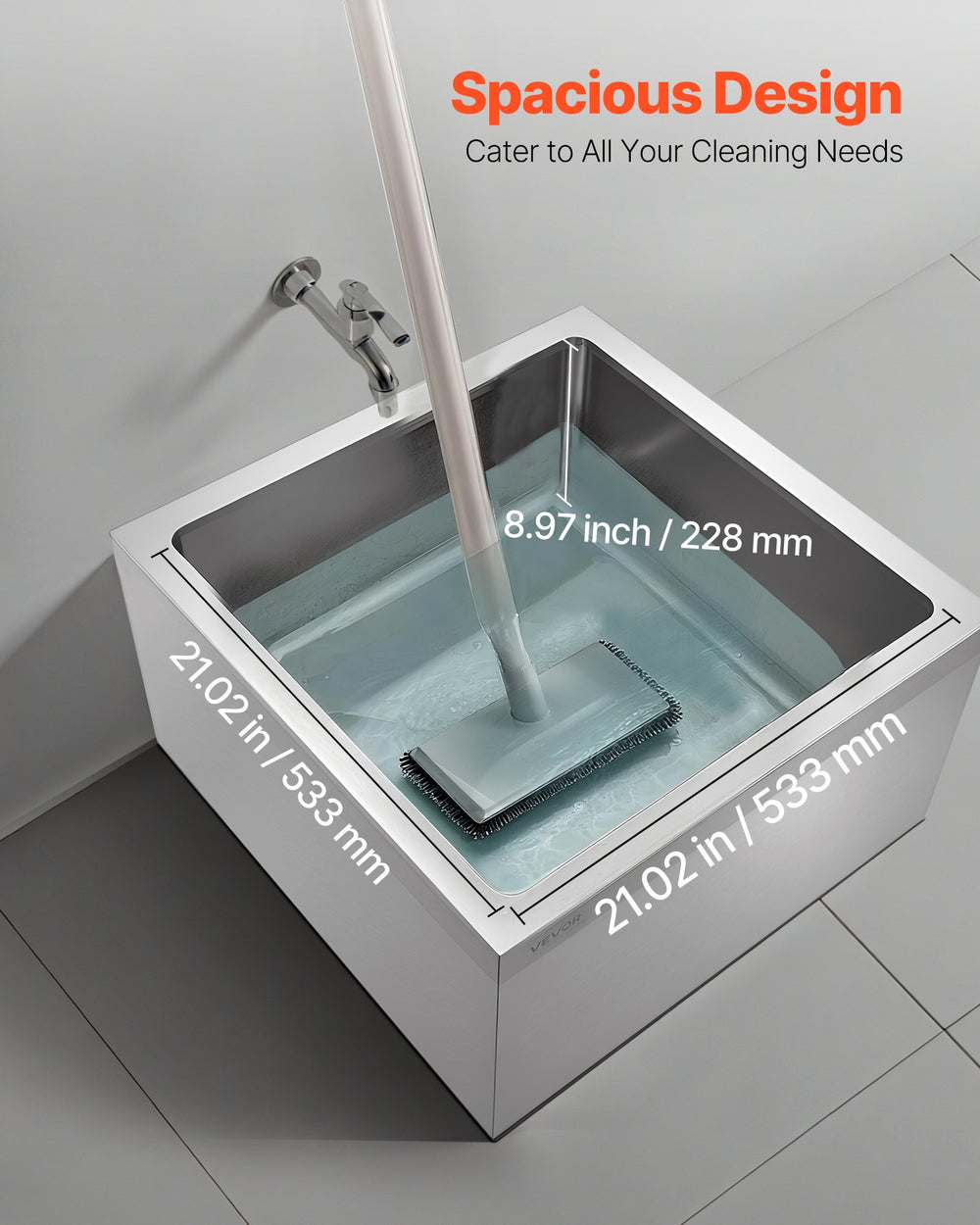 VEVOR Stainless Steel Floor Mop Sink installed scene with basin dimensions callouts