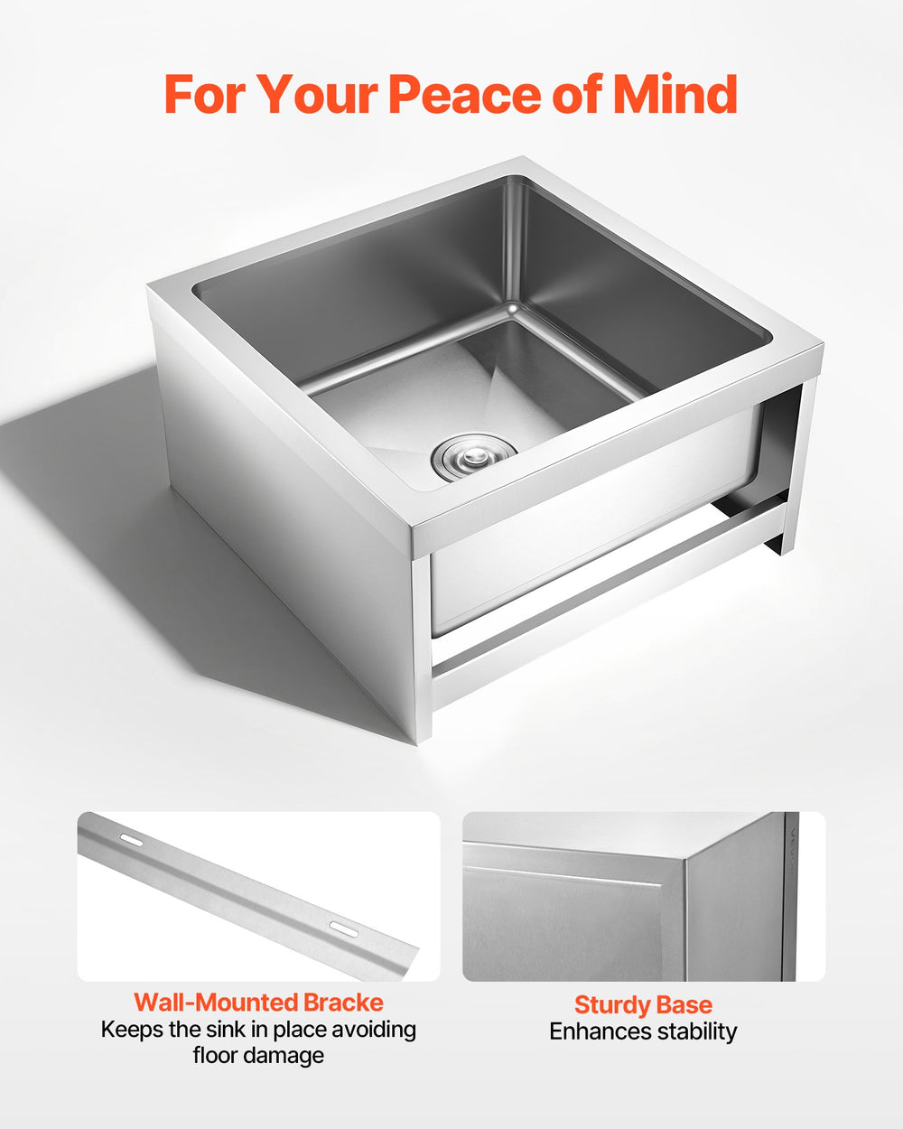 VEVOR mop sink wall-mounted bracket and sturdy base detail