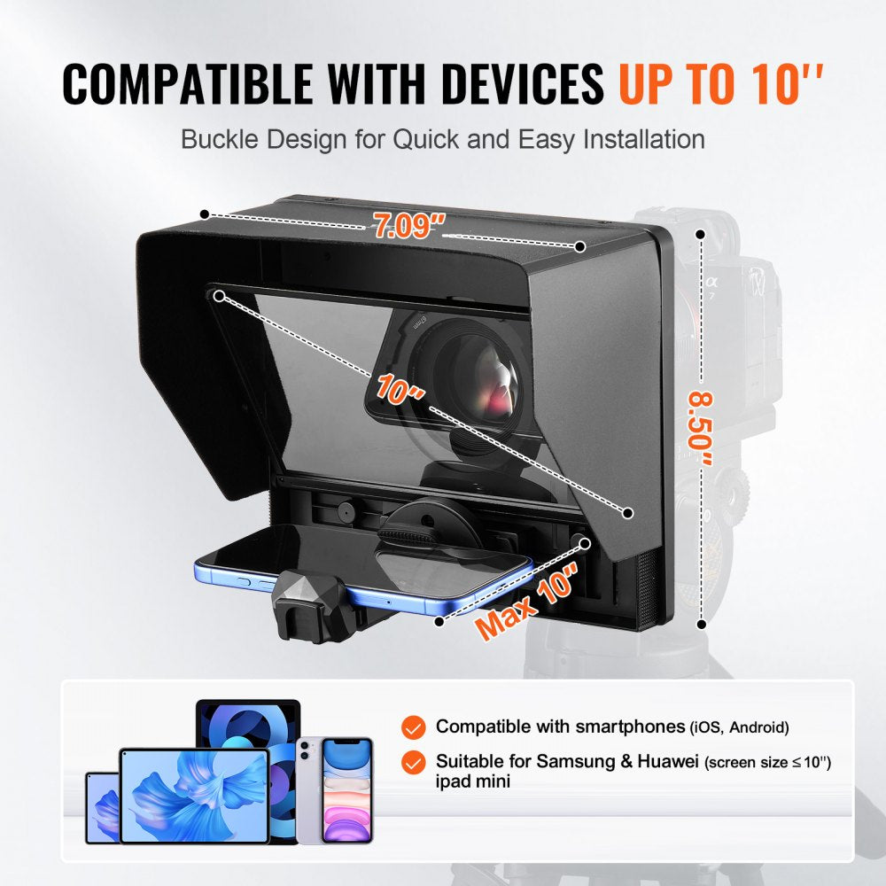 VEVOR Teleprompter, 10" Aluminum Alloy, Desktop Prompter with Adjustable Spectroscope, Remote Control, for YouTube, Twitch, Zoom, Supports DSLR/Webcam/Smartphone, for Video Recording/Live Streaming