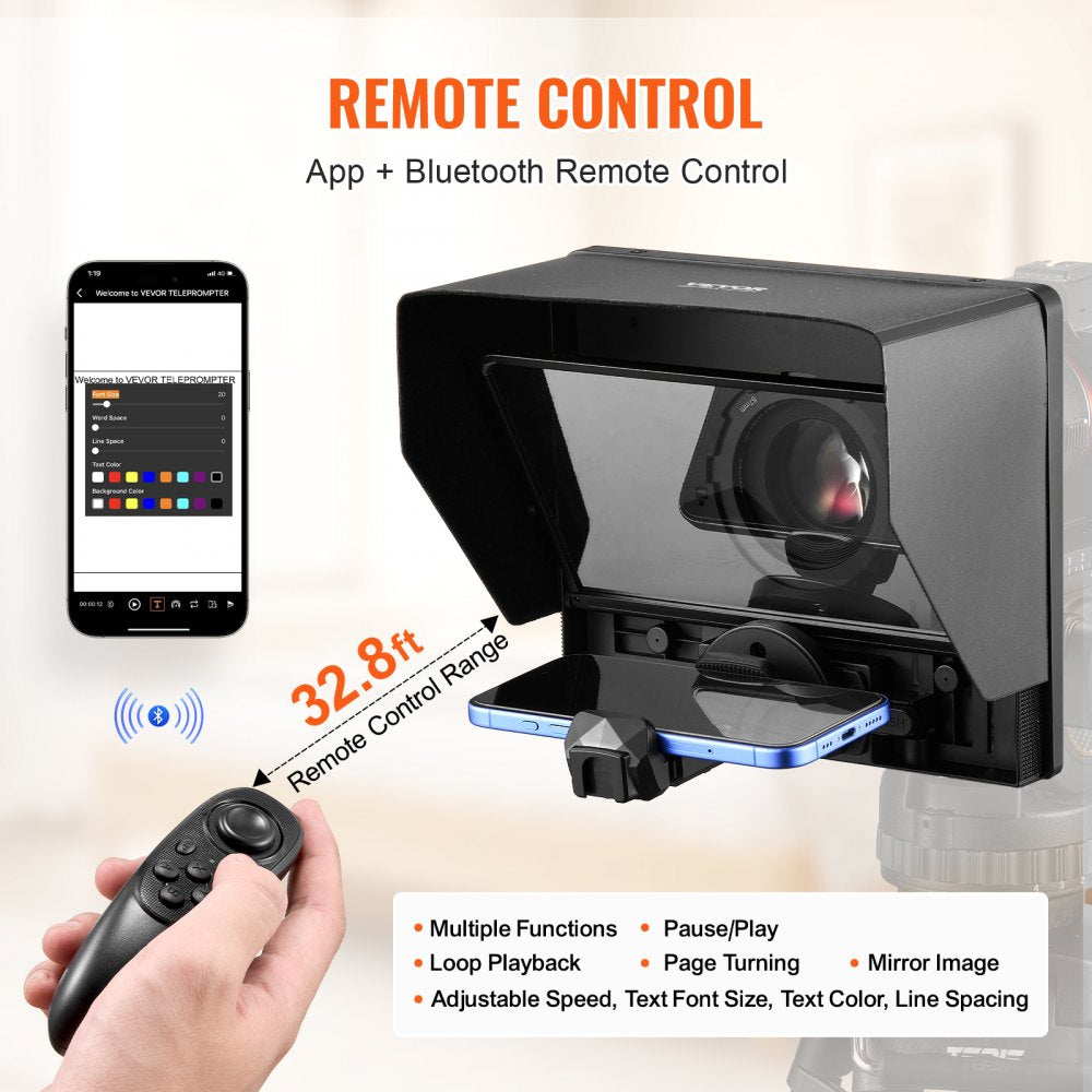 VEVOR Teleprompter, 10" Aluminum Alloy, Desktop Prompter with Adjustable Spectroscope, Remote Control, for YouTube, Twitch, Zoom, Supports DSLR/Webcam/Smartphone, for Video Recording/Live Streaming