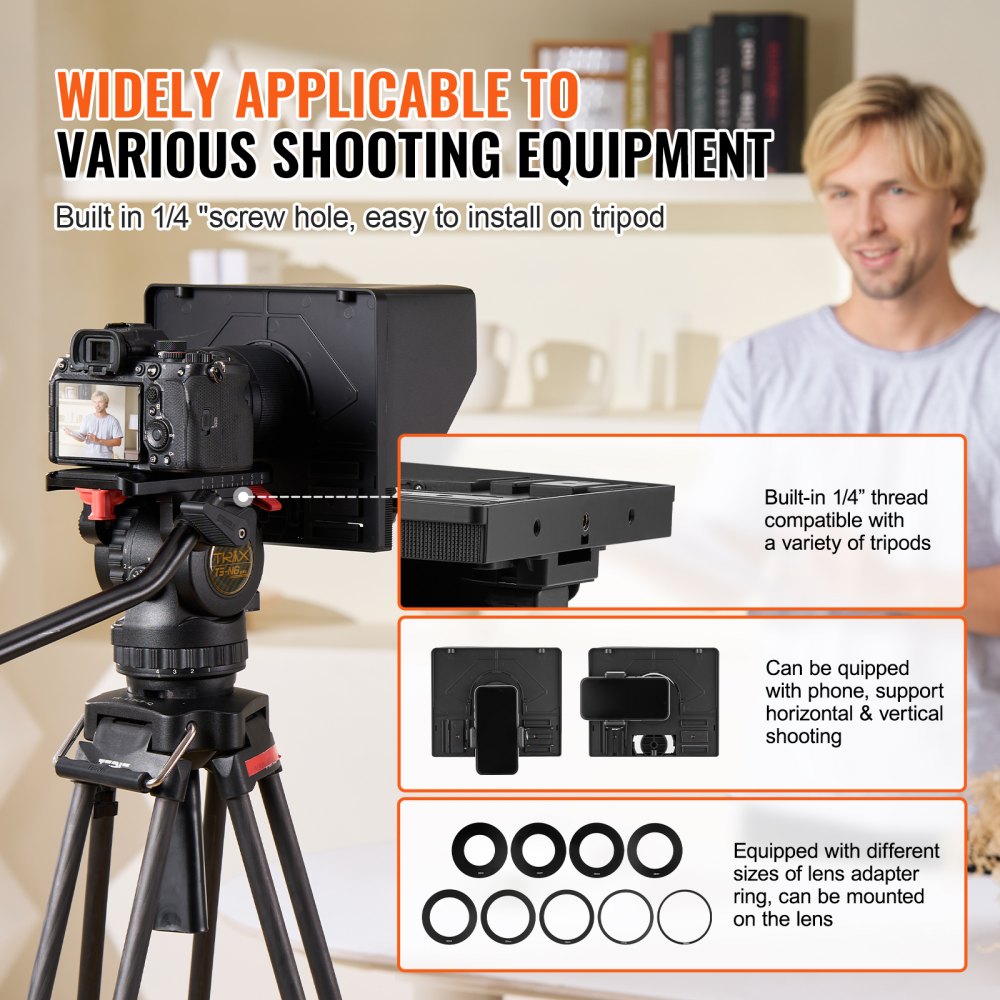 VEVOR Teleprompter, 10" Aluminum Alloy, Desktop Prompter with Adjustable Spectroscope, Remote Control, for YouTube, Twitch, Zoom, Supports DSLR/Webcam/Smartphone, for Video Recording/Live Streaming