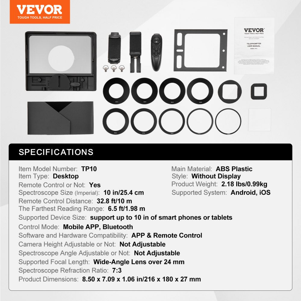 VEVOR Teleprompter, 10" Aluminum Alloy, Desktop Prompter with Adjustable Spectroscope, Remote Control, for YouTube, Twitch, Zoom, Supports DSLR/Webcam/Smartphone, for Video Recording/Live Streaming