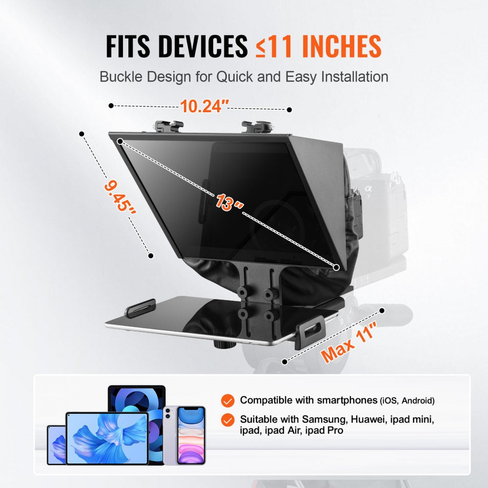 VEVOR Teleprompter, 13" Aluminum Alloy, Floor Type with Adjustable Angle Spectroscope, Remote Control, for YouTube, Twitch, Zoom, Supports DSLR/Webcam/Smartphone, for Video Recording/Live Streaming
