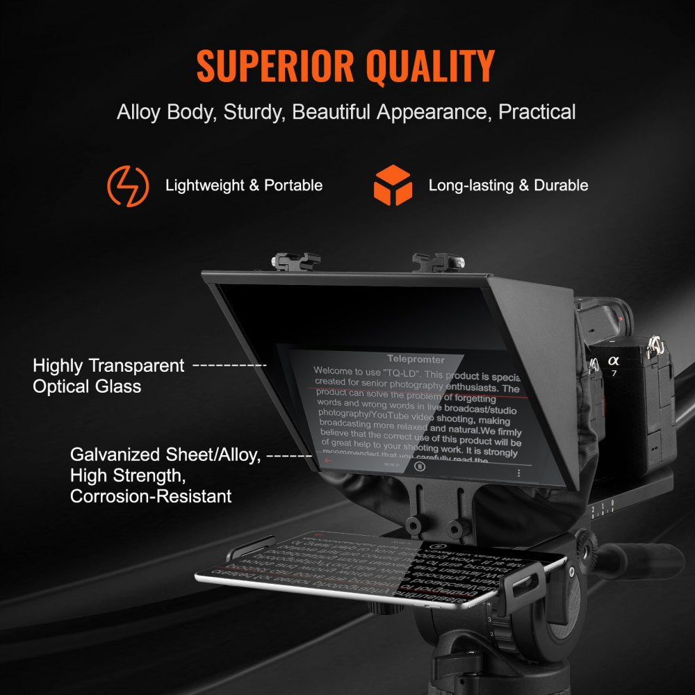 VEVOR Teleprompter, 13" Aluminum Alloy, Floor Type with Adjustable Angle Spectroscope, Remote Control, for YouTube, Twitch, Zoom, Supports DSLR/Webcam/Smartphone, for Video Recording/Live Streaming