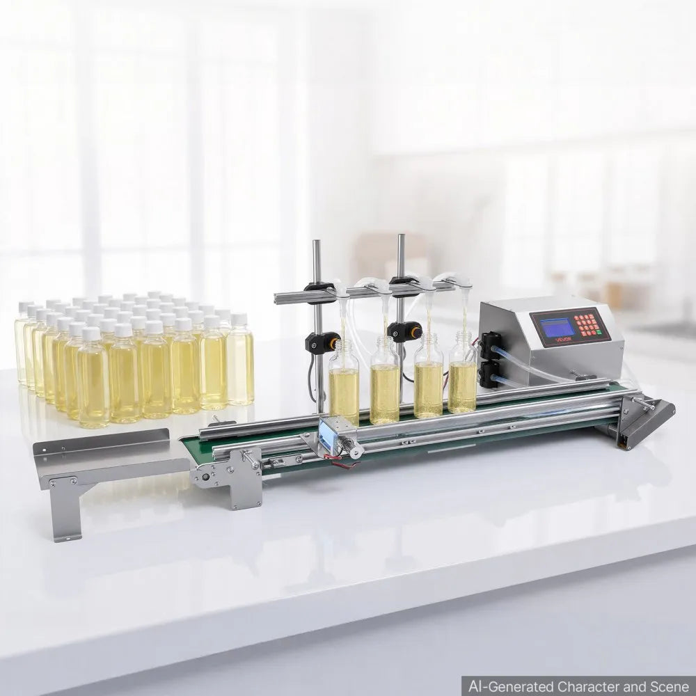 VEVOR Automatic Liquid Filling Machine, 4 Nozzles with Conveyor Bottle Filler, for Water and Oil, 10-500 g Recommend, Premium Stainless Steel Body, Digital Weighing, Adjustable Stand, Easy to Operate