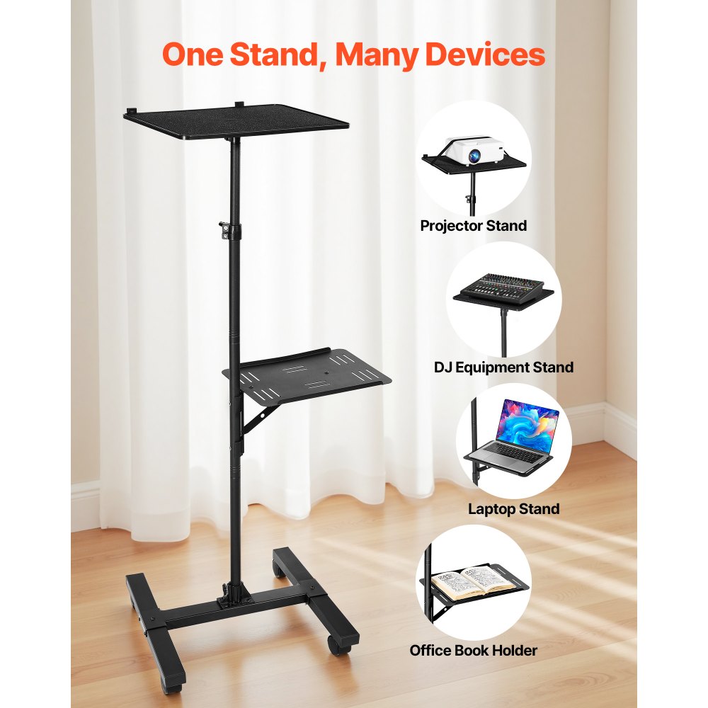 VEVOR Projector Stand, 2 Shelves Laptop Floor Stand, Projector Stands Table with Adjustable Height 33.86 to 53.54 inch, I-Beam Frame Projectors Stands Tripod for Meetings, Outdoor Movies, Video Stand