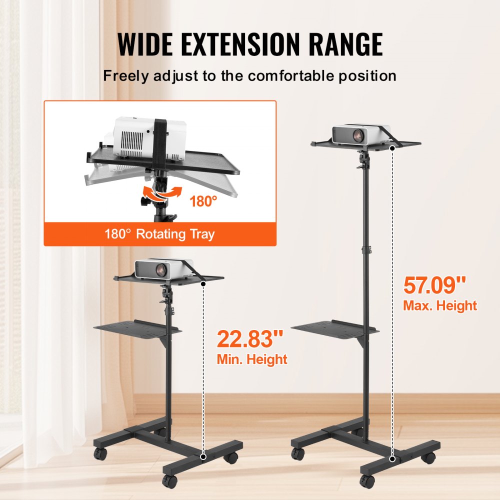 VEVOR Projector Stand with Wheels, Projector Floor Stand Adjustable Height from 22.8 to 57.3 in, Projector Mount with 2 Trays, Ideal for Outdoor Movies, Home, Office, Stage and Studio, Black