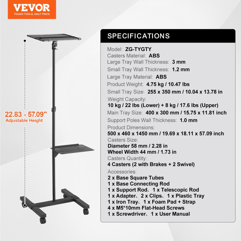VEVOR Projector Stand with Wheels, Projector Floor Stand Adjustable Height from 22.8 to 57.3 in, Projector Mount with 2 Trays, Ideal for Outdoor Movies, Home, Office, Stage and Studio, Black