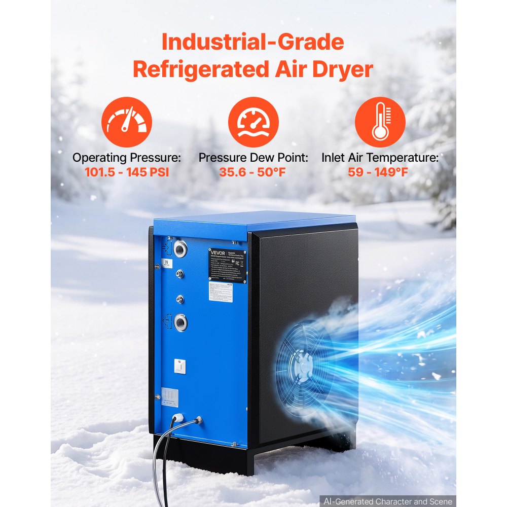 VEVOR Compressed Air Dryer, 50CFM Refrigerated Air Dryer, 120V 60Hz Industrial Refrigerated Air-Drying System for 10HP Compressors - with Color Screen Control Panel and Automatic Drainage