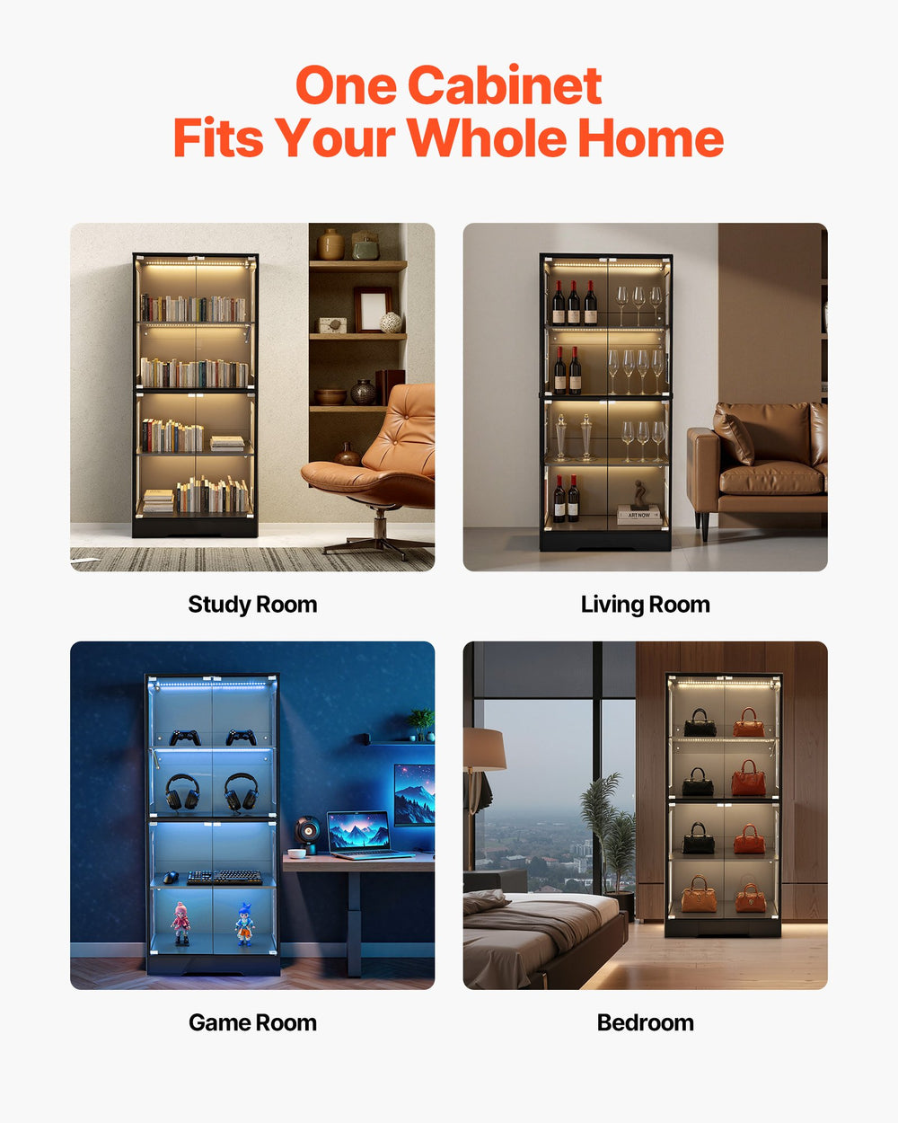 VEVOR display cabinet use cases (study room, living room, game room, bedroom)