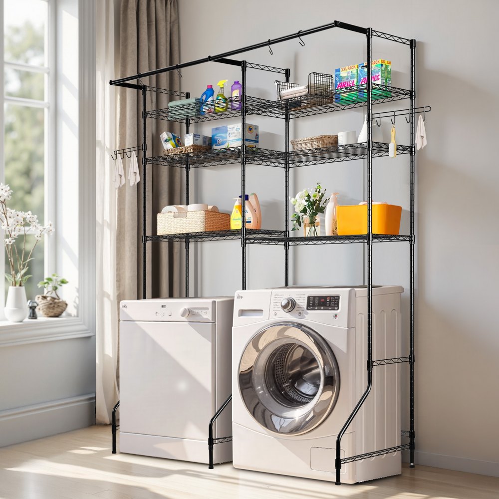 VEVOR Over Washer and Dryer Storage Shelves, 6 Tiers Laundry Room Drying Rack with Hanger Rod and Hooks, Two Rows Adjustable Washer Shelves Space Saver, for Laundry Room Storage & Organization, Black