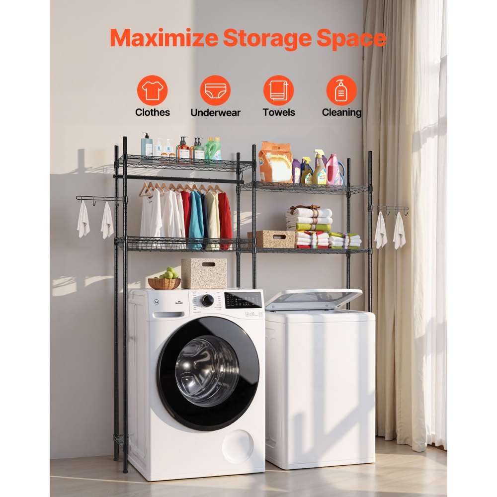 VEVOR Over Washer and Dryer Storage Shelves, 4 Tiers Laundry Room Drying Rack with Hanger Rod and Hooks, Two Rows Adjustable Washer Shelves Space Saver, for Laundry Room Storage & Organization, Black