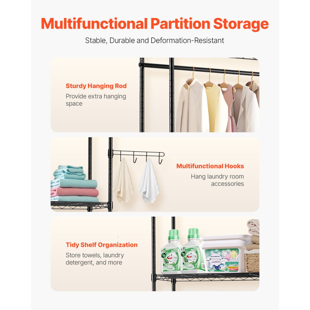 VEVOR Over Washer and Dryer Storage Shelves, 4 Tiers Laundry Room Drying Rack with Hanger Rod and Hooks, Two Rows Adjustable Washer Shelves Space Saver, for Laundry Room Storage & Organization, Black
