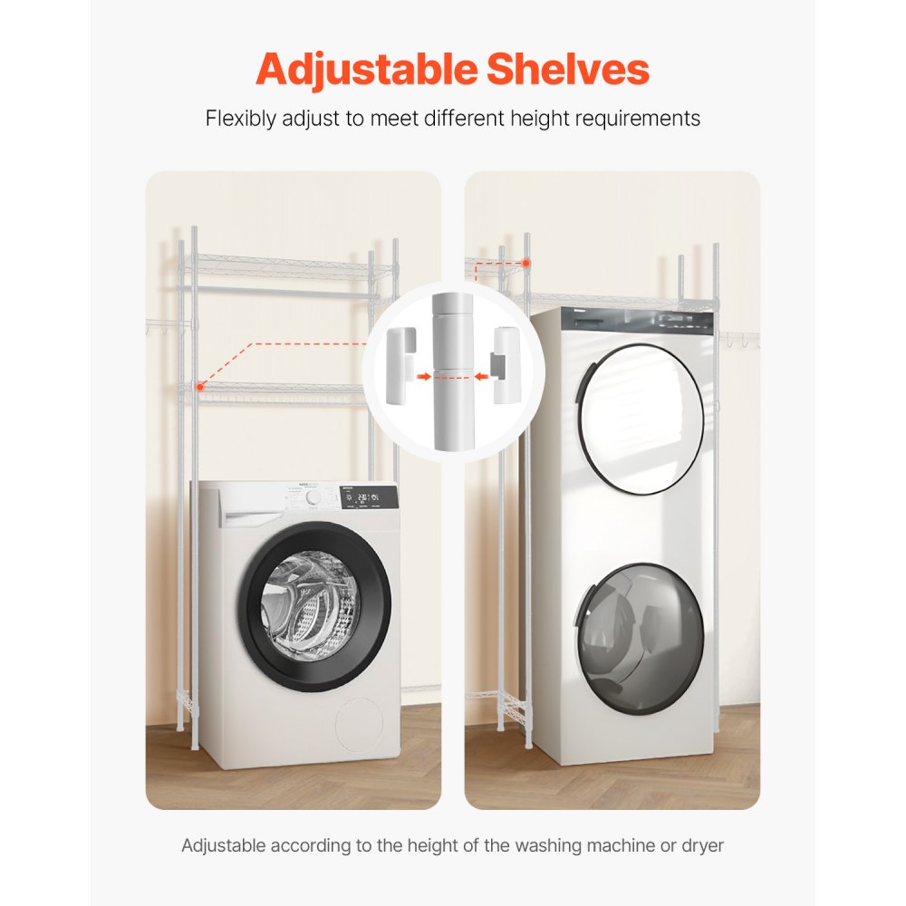 VEVOR Over Washer and Dryer Storage Shelves, 4 Tiers Laundry Room Drying Rack with Hanger Rod and Hooks, Two Rows Adjustable Washer Shelves Space Saver, for Laundry Room Storage & Organization, White