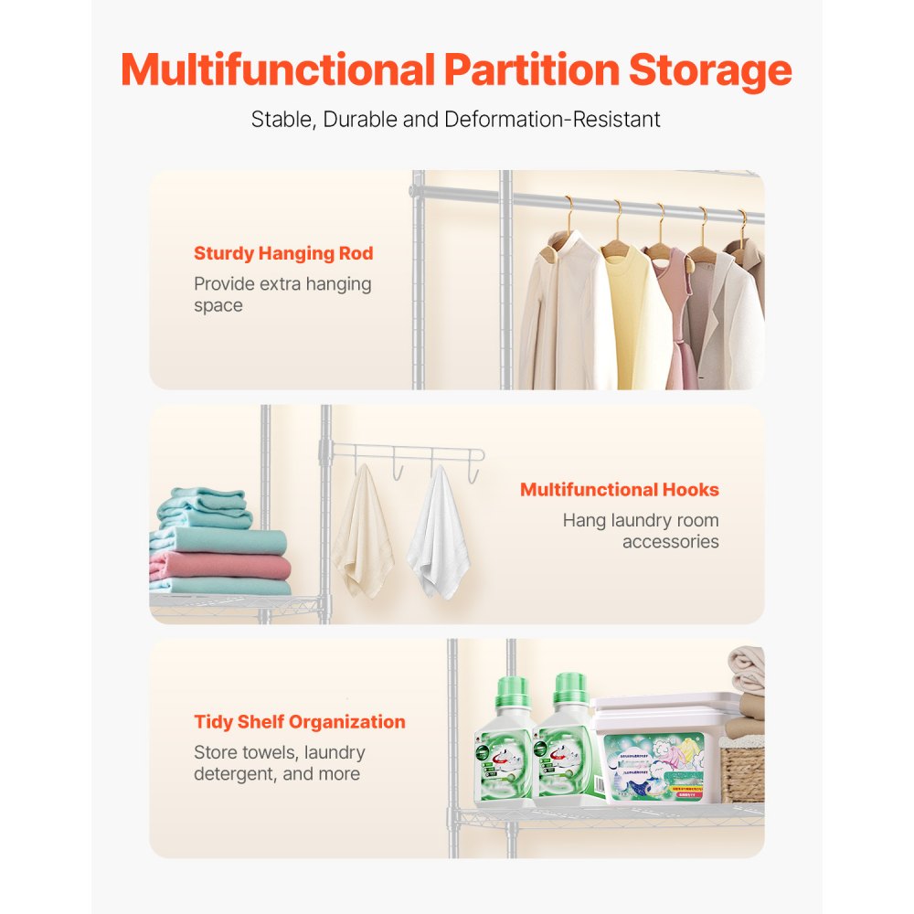 VEVOR Over Washer and Dryer Storage Shelves, 4 Tiers Laundry Room Drying Rack with Hanger Rod and Hooks, Two Rows Adjustable Washer Shelves Space Saver, for Laundry Room Storage & Organization, White