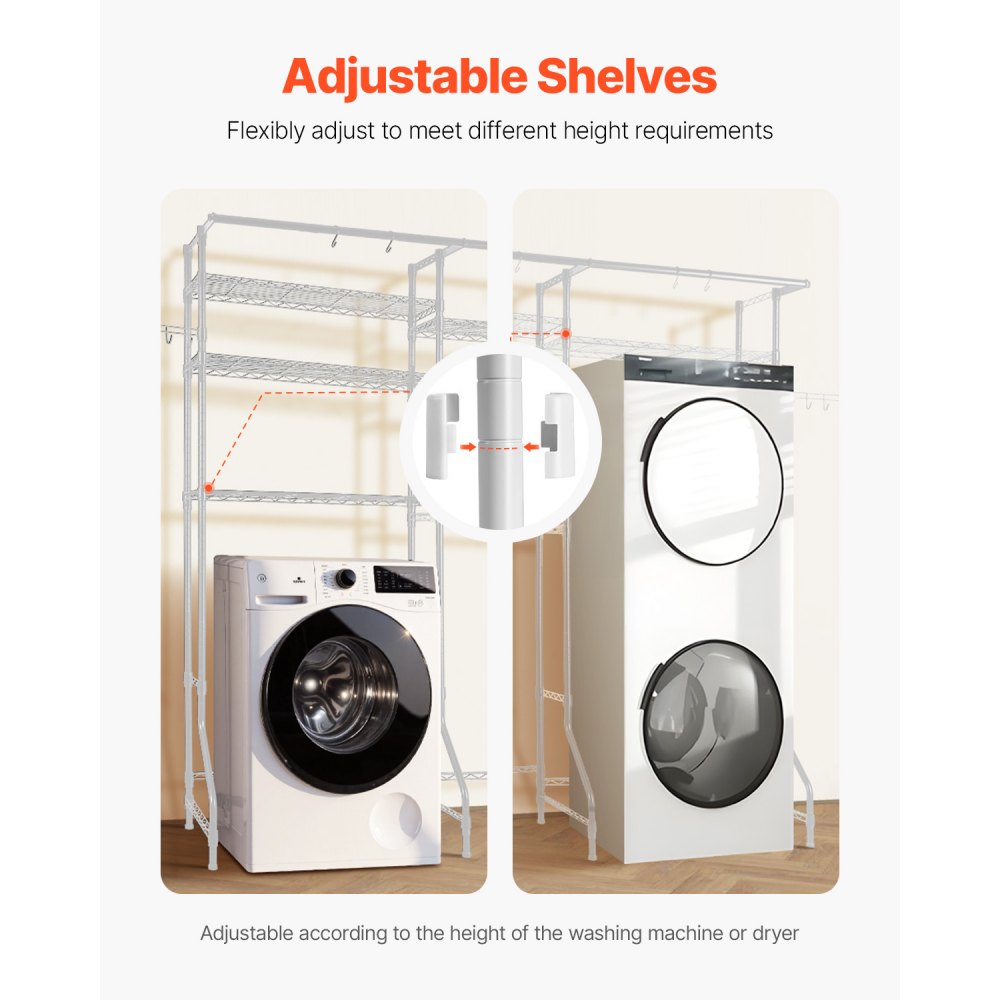 VEVOR Over Washer and Dryer Storage Shelves, 6 Tiers Laundry Room Drying Rack with Hanger Rod and Hooks, Two Rows Adjustable Washer Shelves Space Saver, for Laundry Room Storage & Organization, White