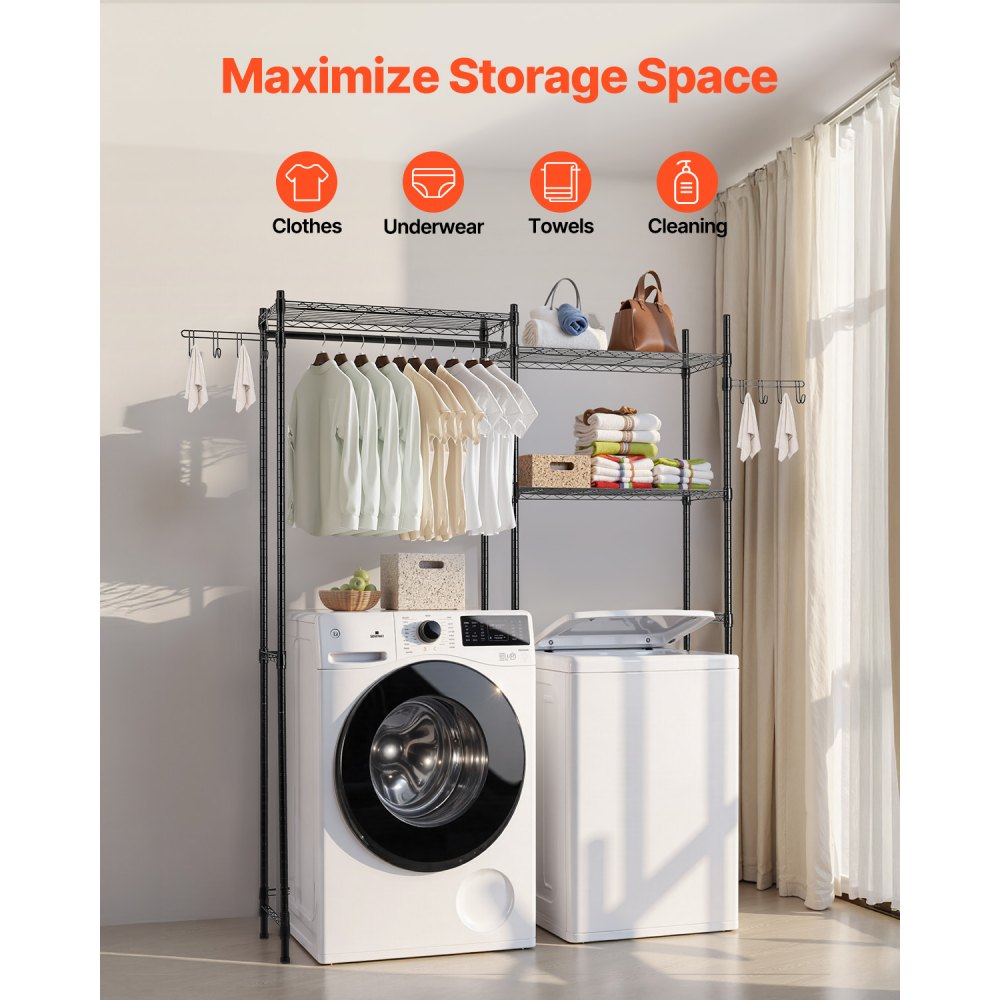 VEVOR Over Washer and Dryer Storage Shelves, 5 Tiers Laundry Room Drying Rack with Hanger Rod and Hooks, Two Rows Adjustable Washer Shelves Space Saver, for Laundry Room Storage & Organization, Black