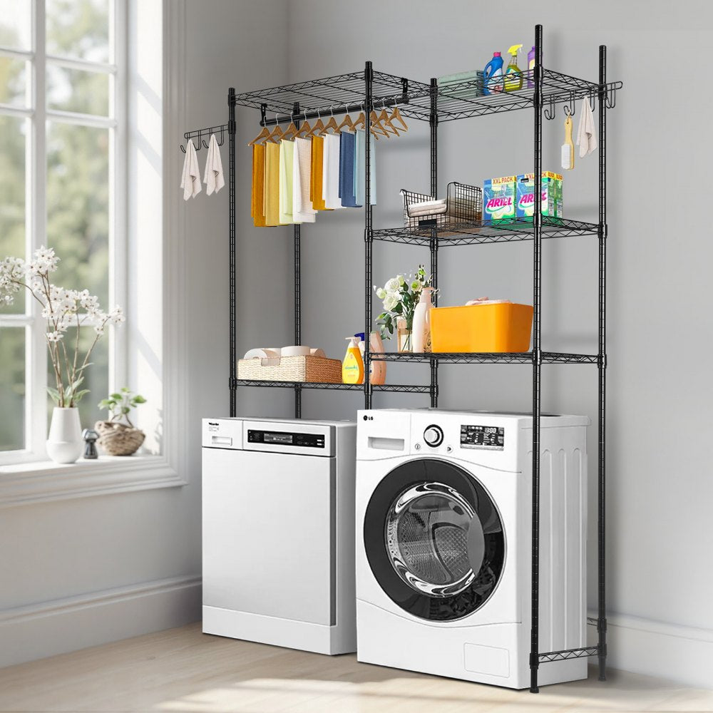 VEVOR Over Washer and Dryer Storage Shelves, 5 Tiers Laundry Room Drying Rack with Hanger Rod and Hooks, Two Rows Adjustable Washer Shelves Space Saver, for Laundry Room Storage & Organization, Black