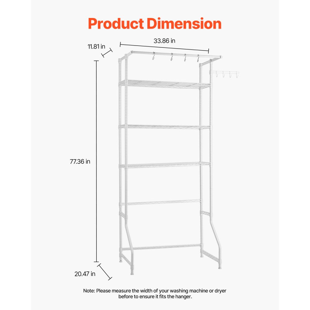 VEVOR Over Washer and Dryer Storage Shelf, 3 Tiers Laundry Room Drying Rack with Hanger Rod and Hooks, Single Row Adjustable Washer Shelves Space Saver, for Laundry Room Storage & Organization, White