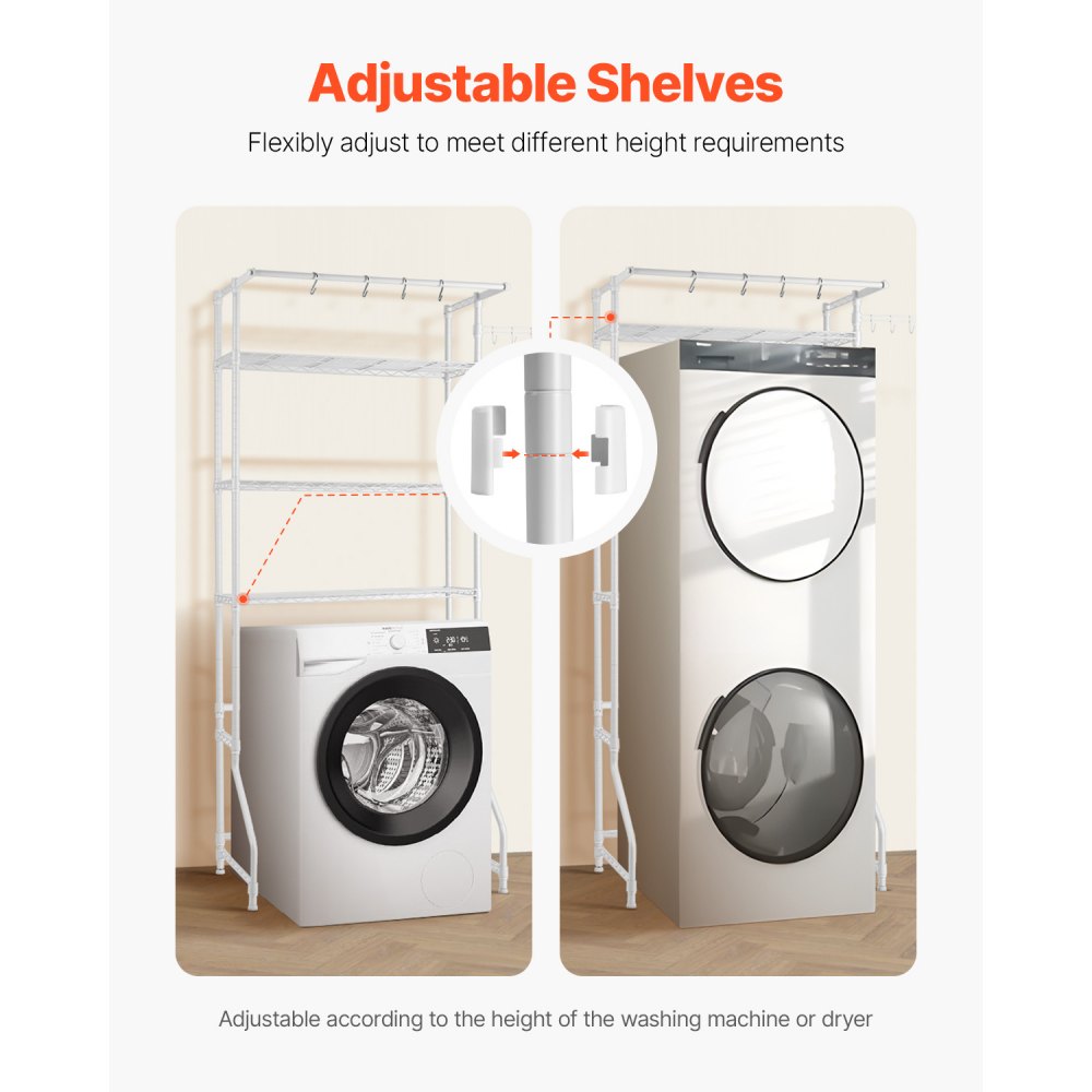 VEVOR Over Washer and Dryer Storage Shelf, 3 Tiers Laundry Room Drying Rack with Hanger Rod and Hooks, Single Row Adjustable Washer Shelves Space Saver, for Laundry Room Storage & Organization, White