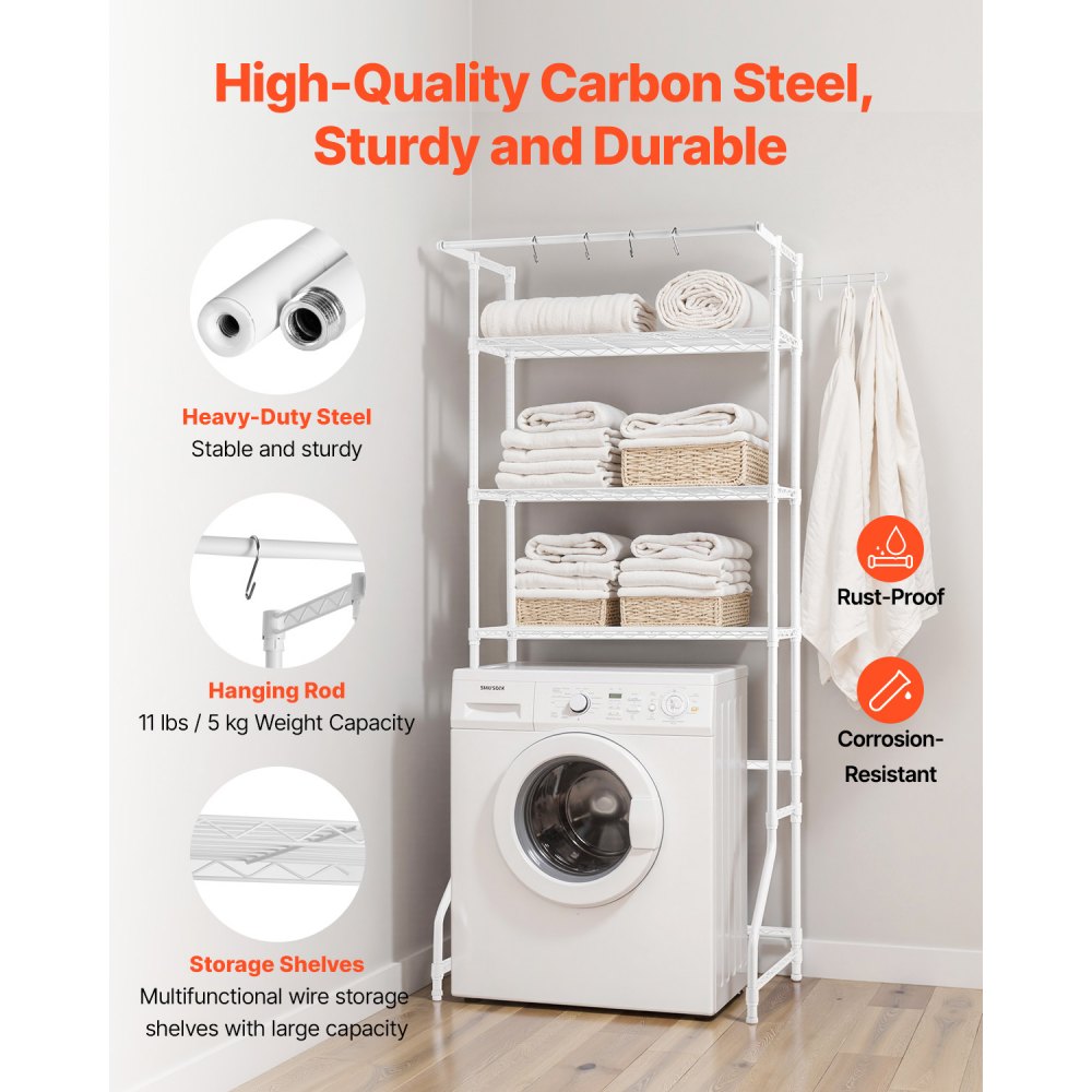 VEVOR Over Washer and Dryer Storage Shelf, 3 Tiers Laundry Room Drying Rack with Hanger Rod and Hooks, Single Row Adjustable Washer Shelves Space Saver, for Laundry Room Storage & Organization, White