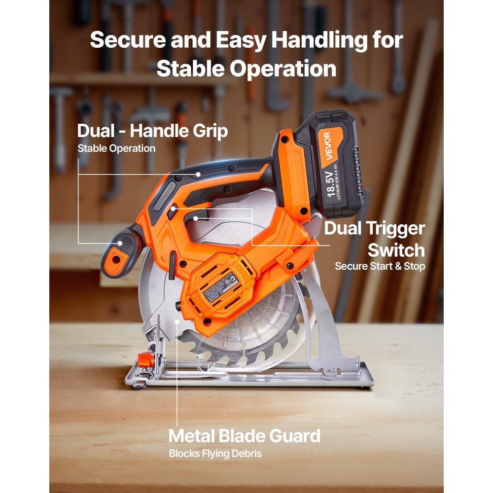 VEVOR Cordless Circular Saw, 7-1/4 inch Blade, 5000 RPM Speed, 0-45 Degree Bevel Capability, Brushless Motor, LED Light, Electric Circular Saw Kit with Battery and Charger Included, for Wood Cutting