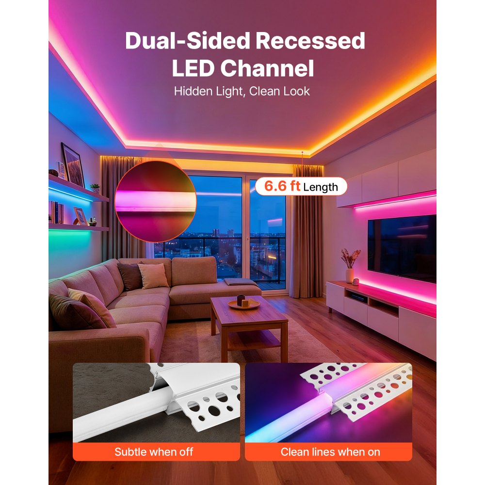 VEVOR Plaster-in LED Aluminum Channel, 10-Pack 6.6 ft/2M, Trimless Recessed Drywall LED Strip Diffuser Channel, with Milky Cover, End Caps and Mounting Clips, Aluminum Profile, for Wall and Ceiling
