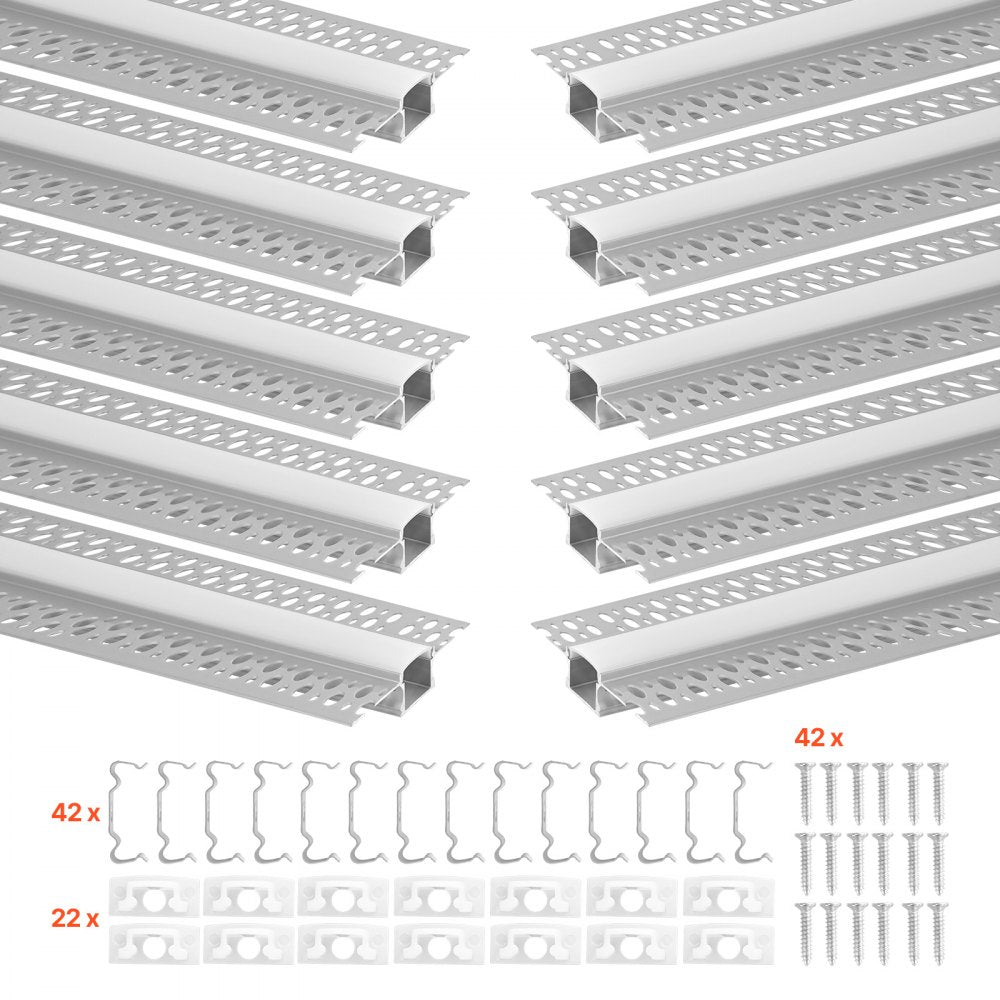 VEVOR Plaster-in LED Aluminum Channel, 10-Pack 6.6 ft/2M, Trimless Recessed Drywall LED Strip Diffuser Channel, with Milky Cover, End Caps and Mounting Clips, Aluminum Profile, for Wall and Ceiling