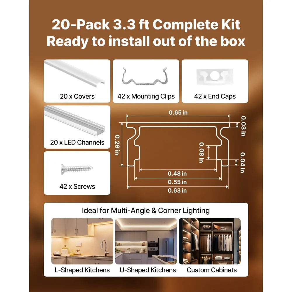 VEVOR 20-Pack 3.3 ft/1M U Shape LED Aluminum Channel, with Milky Cover, End Caps and Mounting Clips, Aluminum Profile for LED Strip Light Installations, Easy Installation, for Under Cabinet Counter