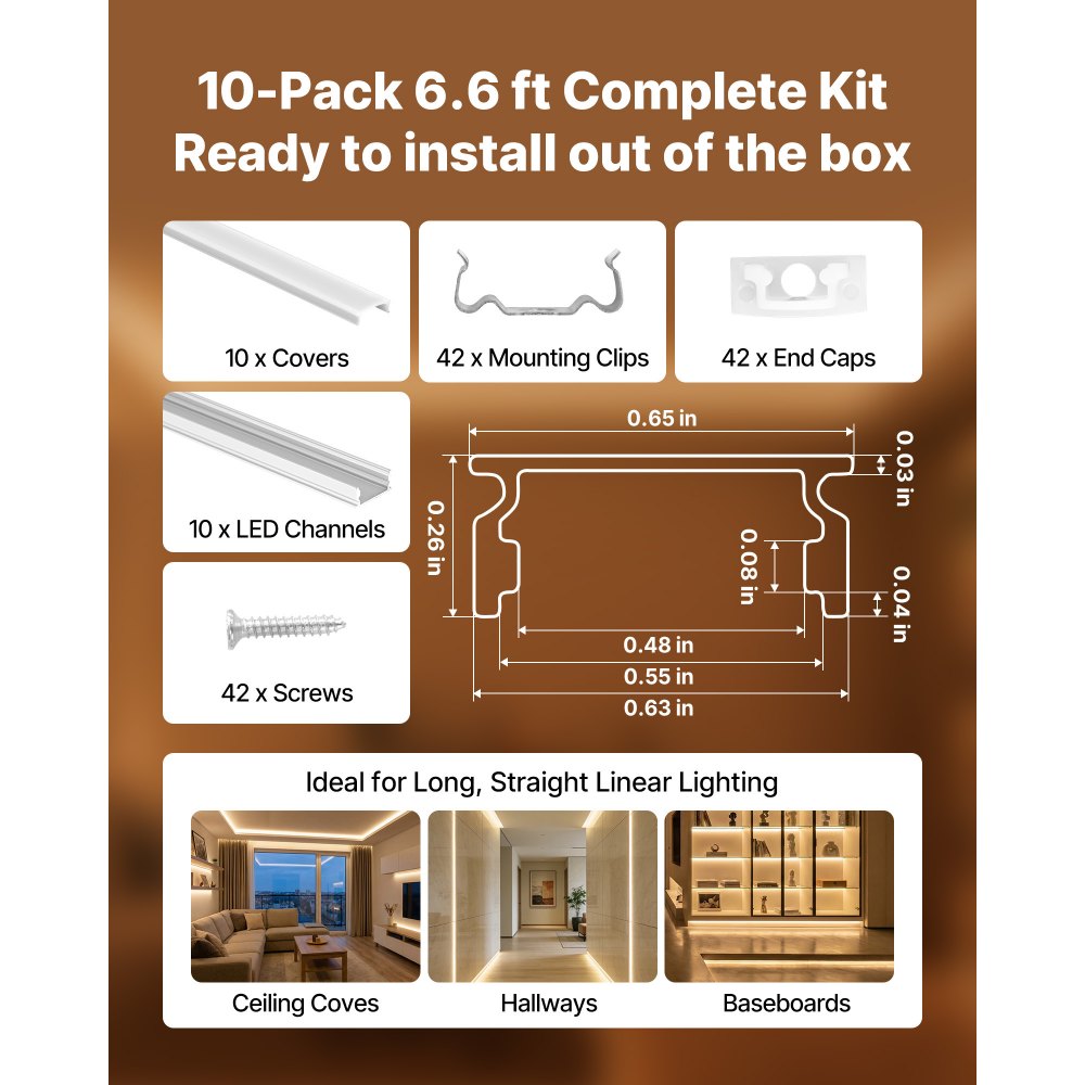 VEVOR 10-Pack 6.6 ft/2M U Shape LED Aluminum Channel, with Milky Cover, End Caps and Mounting Clips, Aluminum Profile for LED Strip Light Installations, Easy Installation, for Under Cabinet Counter