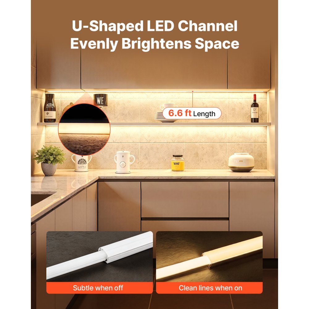 VEVOR 20-Pack 6.6 ft/2M U Shape LED Aluminum Channel, with Milky Cover, End Caps and Mounting Clips, Aluminum Profile for LED Strip Light Installations, Easy Installation, for Under Cabinet Counter