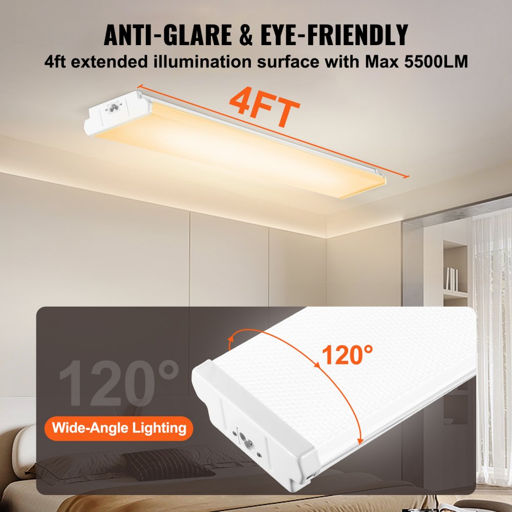 VEVOR 4FT LED Wraparound Light, 50W, 5500LM Flush Mount LED Shop Light, 3000K/4000K/5000K Adjustable LED Kitchen Ceiling Lighting Fixtures for Garage Office Laundry Fluorescent Tube Replacement, FCC