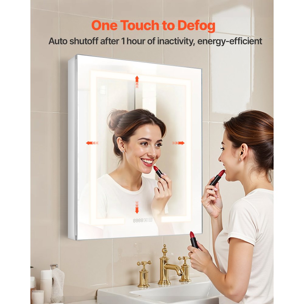 VEVOR one-touch anti-fog LED mirror cabinet infographic