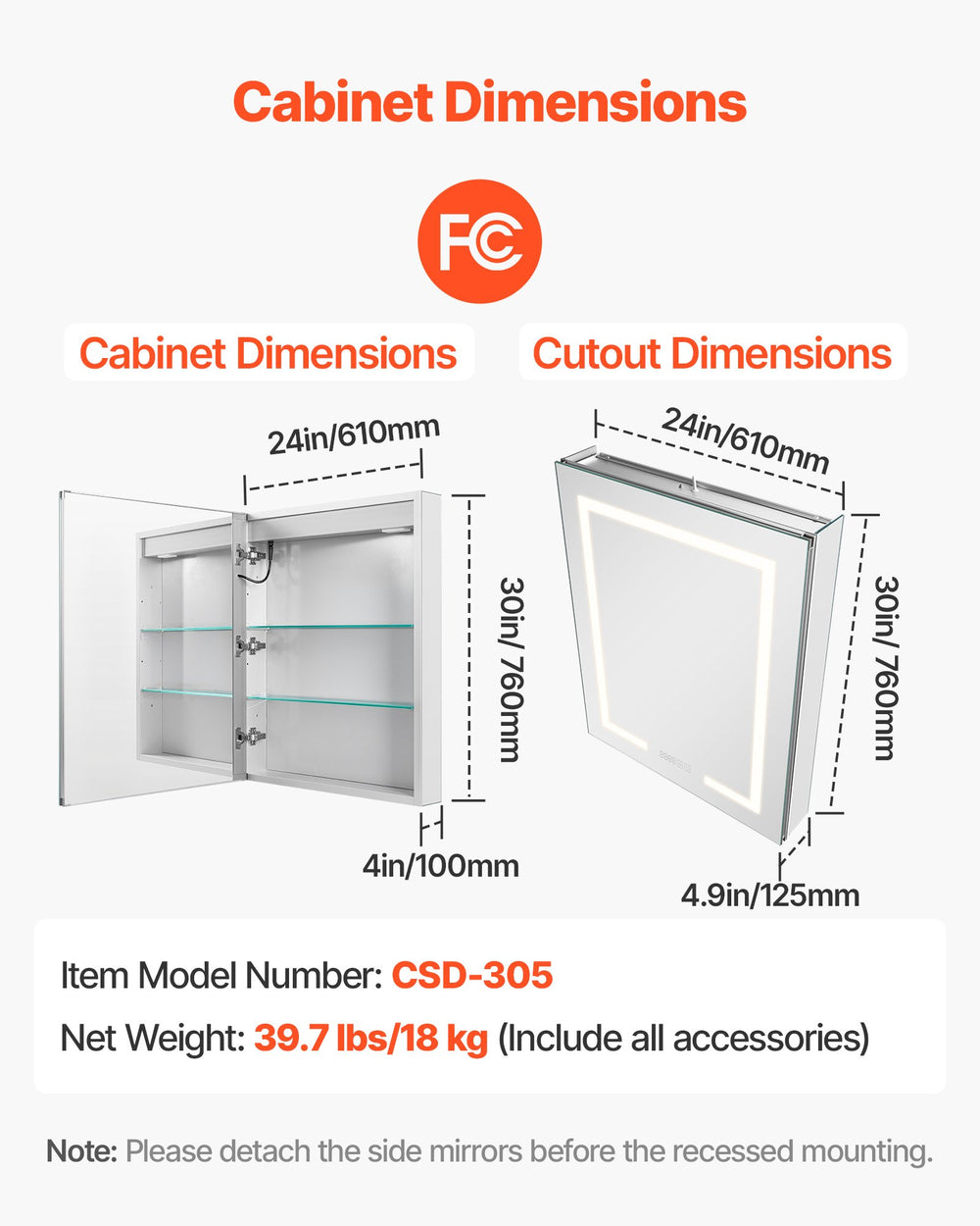 VEVOR lighted medicine cabinet dimensions and model CSD-305 infographic