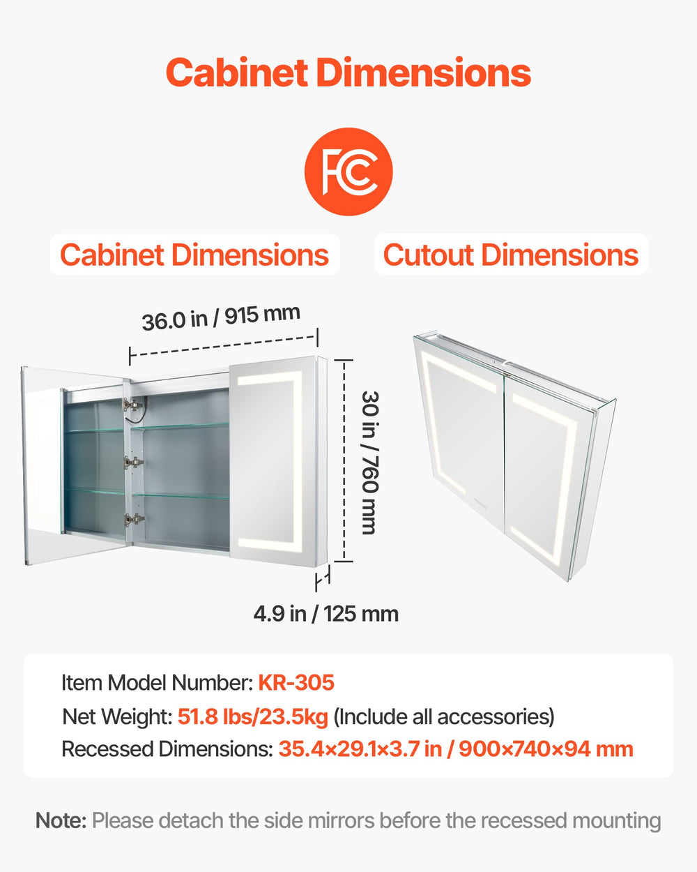 VEVOR medicine cabinet dimensions and recessed cutout dimensions (KR-305)
